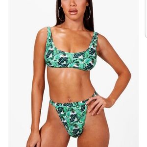 Tropical Leaf High Waisted Crop Bikini